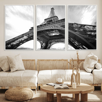 40006-MGV-FC-60X30-3P_White-Eiffel Tower Wall Art – Black and White Architectural Photo Print, Paris Inspired Decor for Bedroom, Office, Studio or Modern