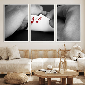 62460-MGV-FC-60X30-3P_White-Poker Game Wall Art – Close Up of Hands Holding Aces with Chips, Casino Style Decor for Game Room, Man Cave or Office