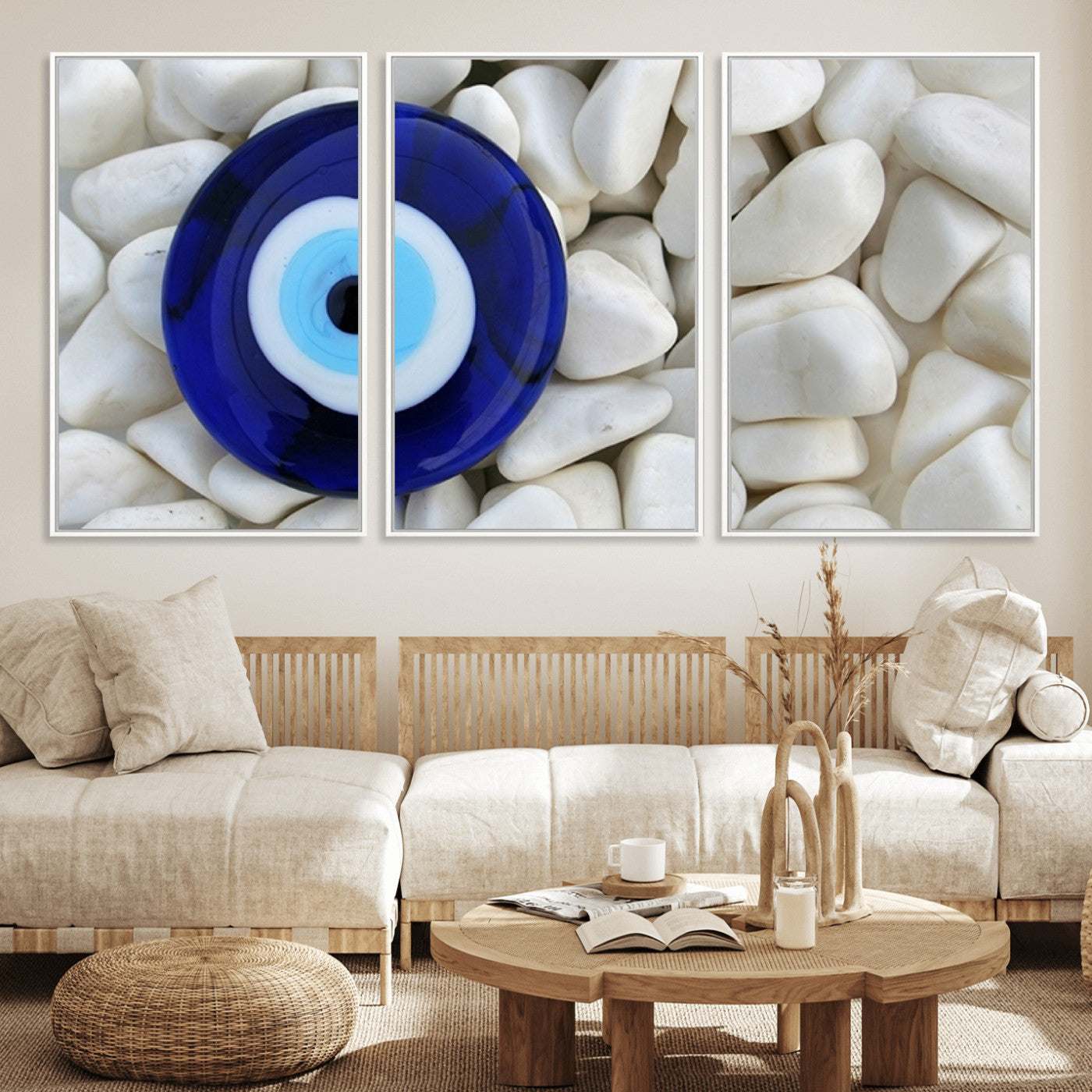 48883-MGV-CV-36X24-Evil Eye Wall Art – Deep Blue Symbol of Presence and Calm on White Stones, Subtle Spiritual Decor for Entryway, Studio, Office or