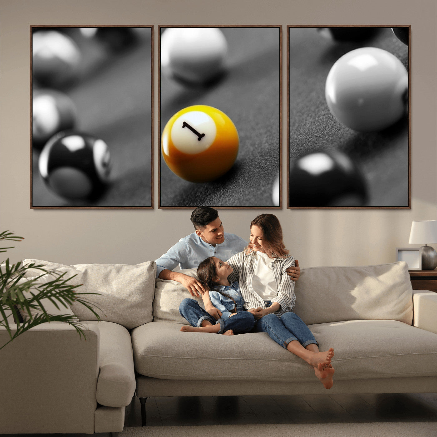 52108-MGV-CV-36X24-Precision Pool Table Wall Art – Close Up Yellow 1 Ball Canvas Print, Hand-Played Billiards Game Decor for Office, Game Room, or