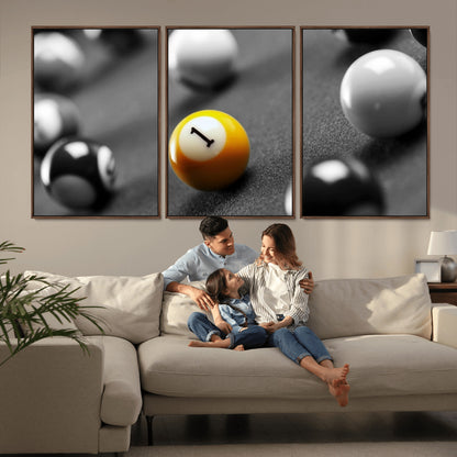 52108-MGV-CV-36X24-Precision Pool Table Wall Art – Close Up Yellow 1 Ball Canvas Print, Hand-Played Billiards Game Decor for Office, Game Room, or