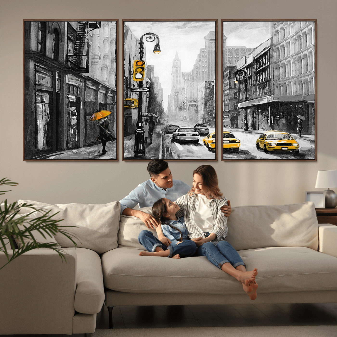 32362-MGV-CV-36X24-NYC Street Wall Art – Black and White Cityscape with Yellow Taxis and Umbrella Canvas Print, Urban Home Decor for Living Room or