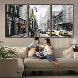 32362-MGV-CV-36X24-NYC Street Wall Art – Black and White Cityscape with Yellow Taxis and Umbrella Canvas Print, Urban Home Decor for Living Room or