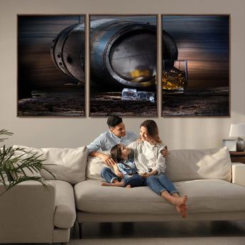 78049-MGV-CV-36X24-Whiskey Barrel Wall Art – Rustic Whiskey Barrel and Glass with Ice Canvas Print, Classic Bar or Lounge Decor for Home, Office, or