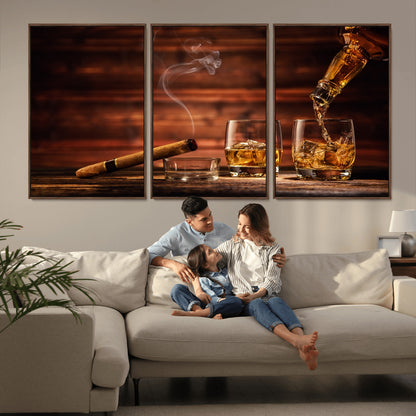 91042-MGV-CV-36X24-Whiskey & Cigar Wall Art – Elegant Whiskey Pour and Smoldering Cigar Canvas Print, Sophisticated Bar or Lounge Decor for Home,