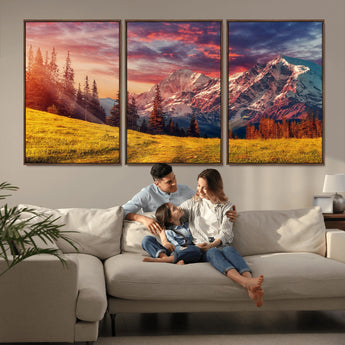 83947-MGV-CV-36X24-Sunset Mountain Landscape Wall Art – Panoramic Alpine Meadow and Snow Capped Peaks Canvas Print, Nature Scenic Decor for Home,