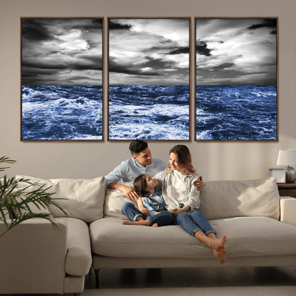 36012-MGV-CV-36X24-Dramatic Stormy Ocean Waves Black and White with Deep Blue Highlights – Moody Seascape Wall Art, Nature Photography Print for Home