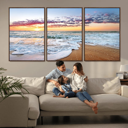 39560-MGV-CV-36X24-Sunrise Beach Wall Art – Vibrant Ocean Waves and Golden Sand Canvas Print, Seaside Coastal Decor for Living Room, Bedroom or