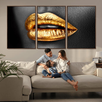 84747-MGV-CV-36X24-Golden Lips Black & White Portrait – Glamorous Metallic Lip Art Print, Modern Wall Decor for Bedroom, Beauty & Fashion Lover Gift
