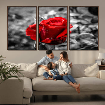 84671-MGV-CV-36X24-Red Rose Wall Art – Vibrant Single Bloom Canvas Print with Black and White Background, Elegant Floral Decor for Living Room,