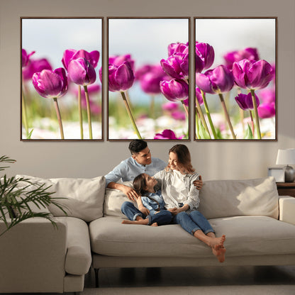 30632-MGV-CV-36X24-Purple Tulip Field Wall Art – Beautiful Spring Flowers Canvas Print with Soft Focus and Bright Sky, Ideal Floral Decor for Home or
