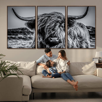 97372-MGV-CV-36X24-Elegant Highland Cow Wall Art – Black and White Canvas Print, Rustic Nature Decor for Home, Office, Living Room or Man Cave