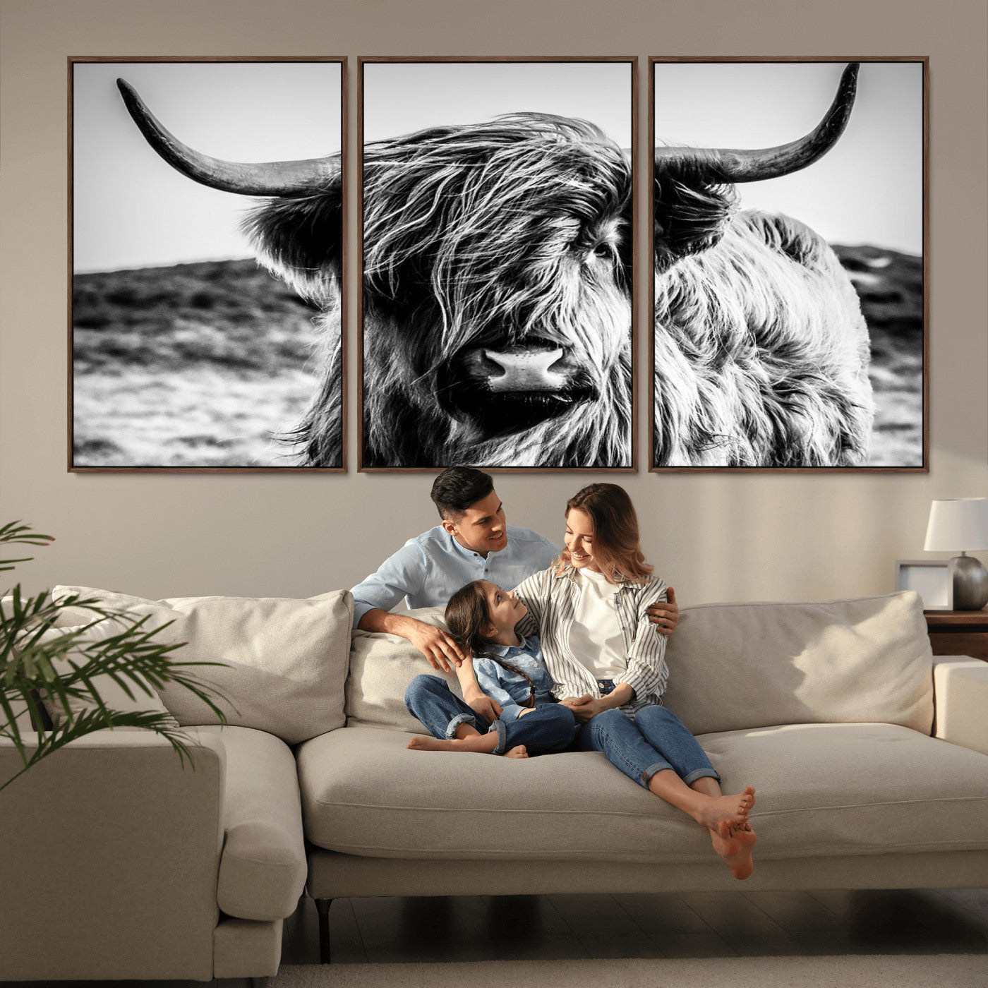 36979-MGV-CV-36X24-Striking black-and-white portrait of a Highland cow with flowing fur and majestic horns, perfect for rustic and elegant home or
