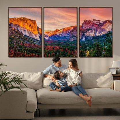 24519-MGV-CV-36X24-Yosemite Valley Sunset Wall Art – Majestic Mountain Landscape with Waterfall and Vibrant Sky, Nature Photography for Home or