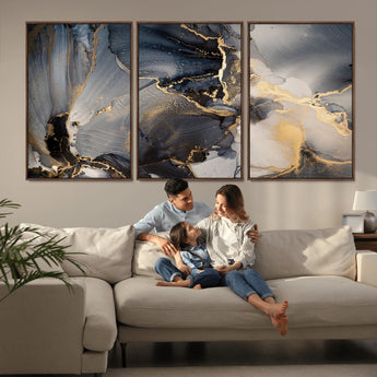 24068-MGV-CV-36X24-Luxury Abstract Wall Art – Gold & Gray Fluid Ink Painting Canvas, Modern Metallic Home Decor, Elegant Office or Living Room Accent