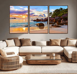 43209-MGV-CV-36X24-Tropical Beach Sunset Wall Art – Golden Ocean Waves and Palm Trees with Rocky Shore Canvas Print, Coastal Seascape Decor for
