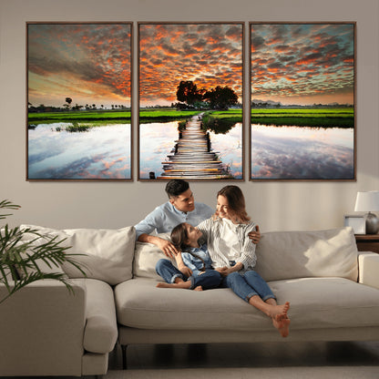 29105-MGV-CV-36X24-Rustic Wooden Bridge Wall Art – Scenic Sunset Over Rice Fields and Reflective Water Canvas Print, Nature Landscape Decor for