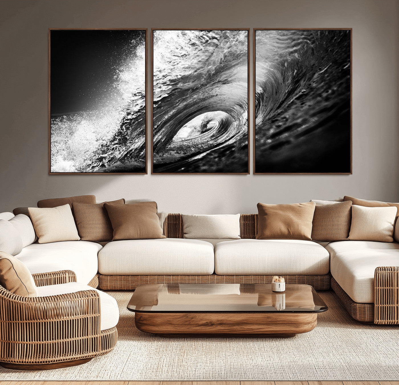 22702-MGV-CV-36X24-Black and White Ocean Wave Wall Art – Powerful Surf Curl Photography Canvas Print, Modern Coastal Decor for Living Room, Office or