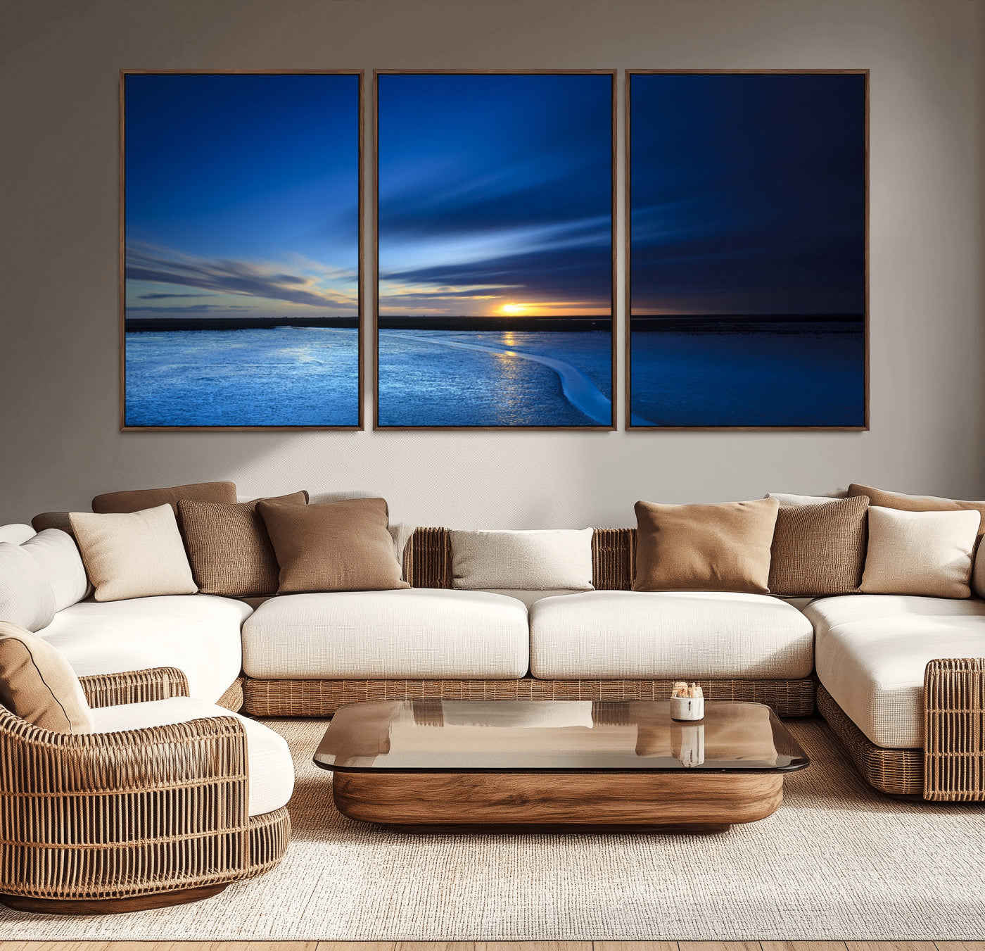 65405-MGV-CV-36X24-Blue Sunrise Seascape Wall Art – Tranquil Ocean Horizon Canvas Print with Golden Sunlight and Deep Sky, Coastal Landscape Decor