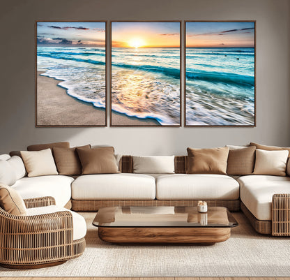 27815-MGV-CV-36X24-Ocean Sunrise Beach Wall Art – Serene Coastal Canvas Print with Waves and Golden Morning Light, Relaxing Seascape Decor for