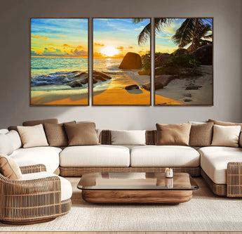 26181-MGV-CV-36X24-Golden Tropical Sunset Beach Wall Art – Ocean Canvas Print with Palm Trees and Rocks, Coastal Paradise Decor for Living Room or