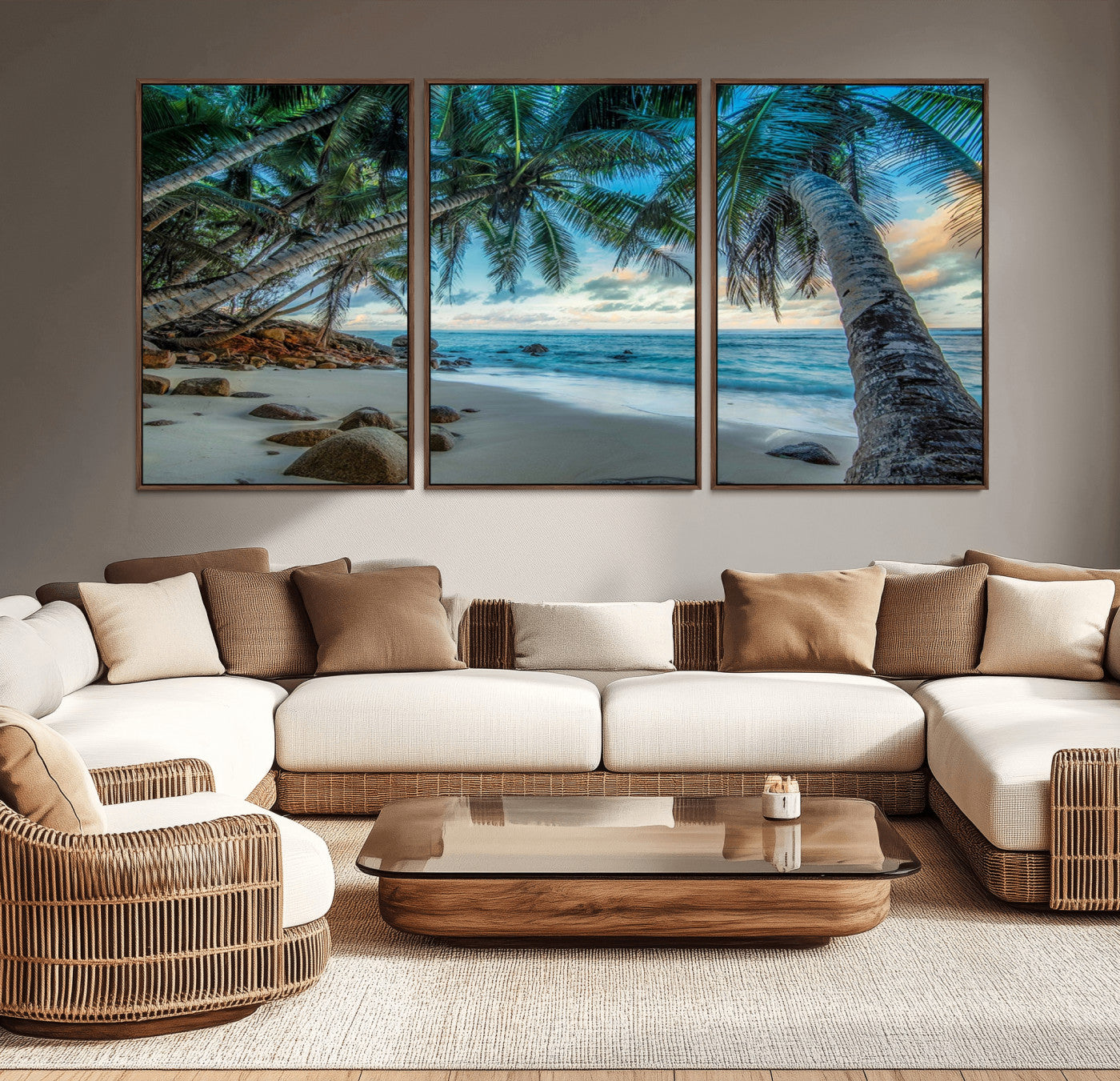 39679-MGV-CV-36X24-Tropical Palm Beach Wall Art – Serene Ocean Canvas Print with Palm Trees and Rocks, Coastal Paradise Decor for Living Room or