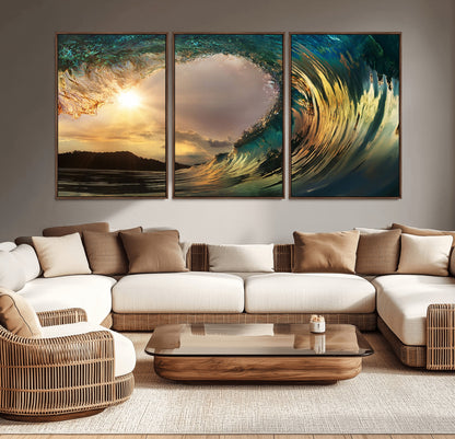 38256-MGV-CV-36X24-Ocean Wave Wall Art – Stunning Sunrise Through Curling Wave Canvas Print, Coastal Surf Photography Seascape Decor for Living Room,