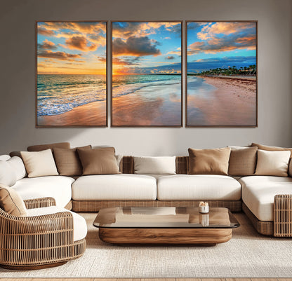 41572-MGV-CV-36X24-Sunset Beach Wall Art – Ocean Waves and Palm Trees Canvas Print, Tropical Coastal Sunset Seascape Decor for Living Room, Bedroom