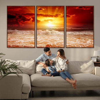 60211-MGV-FC-60X30-3P_Walnut-Fiery Sunset Ocean Waves Canvas Print – Vibrant Red & Orange Coastal Wall Art, Dramatic Seascape Decor