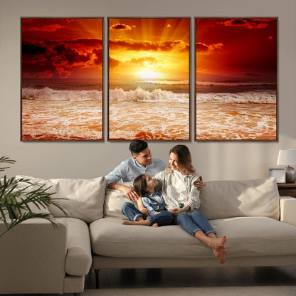 60211-MGV-FC-60X30-3P_Walnut-Fiery Sunset Ocean Waves Canvas Print – Vibrant Red & Orange Coastal Wall Art, Dramatic Seascape Decor