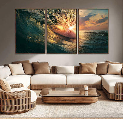 55359-MGV-CV-36X24-Radiant Ocean Wave Wall Art – Panoramic Surf Canvas Print, Vibrant Sunset Beach Decor for Home, Office or Man Cave