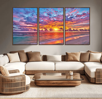 72836-MGV-CV-36X24-Fiery Sunset Beach Wall Art – Panoramic Vibrant Ocean Canvas Print, Dramatic Coastal Decor for Living Room, Bedroom or Office