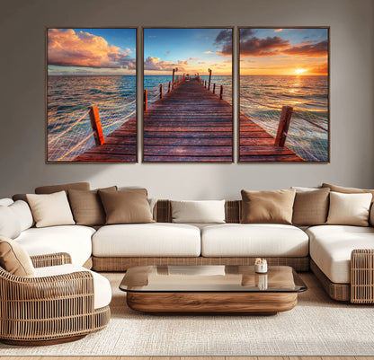 28836-MGV-CV-36X24-Ocean Pier Sunset Wall Art – Wooden Dock and Golden Horizon Canvas Print, Coastal Seascape Photography for Living Room, Bedroom,
