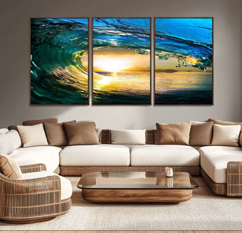 19378-MGV-CV-36X24-Ocean Wave Sunset Wall Art – Vibrant Surf and Golden Horizon Canvas Print, Coastal Seascape Photography for Living Room, Bedroom,