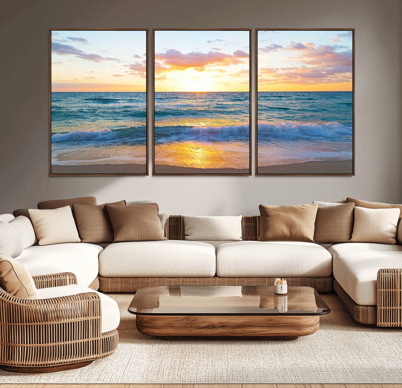78006-MGV-CV-36X24-Golden Sunrise Ocean Wall Art – Panoramic Beach Waves Canvas Print, Coastal Seascape Artwork for Living Room, Bedroom, Office, or