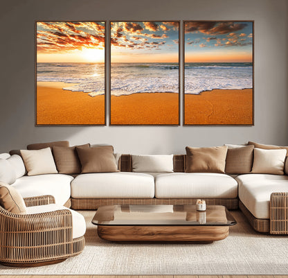 15399-MGV-CV-36X24-Golden Sunrise Beach Wall Art – Ocean Waves on Sandy Shore Canvas Print, Coastal Seascape Decor for Living Room or Bedroom