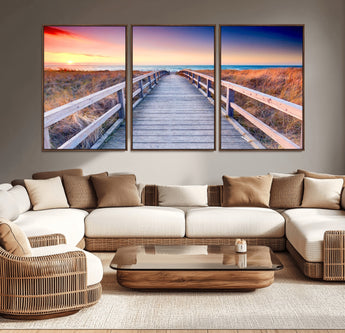 60625-MGV-CV-36X24-Beach Boardwalk Sunrise Wall Art – Coastal Pathway to Ocean Canvas Print, Seaside Landscape Decor for Home or Office