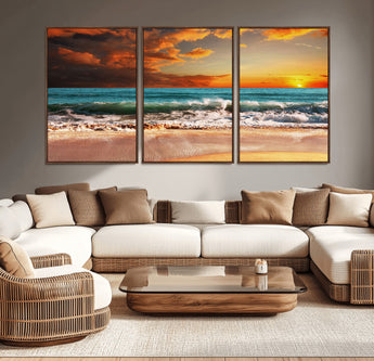 72948-MGV-CV-36X24-Ocean Sunset Wave Wall Art – Dramatic Seascape Canvas Print with Golden Sky and Crashing Waves, Coastal Beach Decor for Living