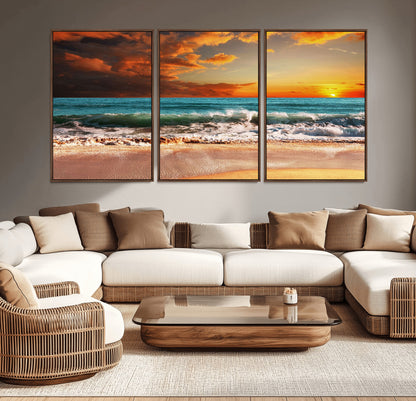 72948-MGV-CV-36X24-Ocean Sunset Wave Wall Art – Dramatic Seascape Canvas Print with Golden Sky and Crashing Waves, Coastal Beach Decor for Living