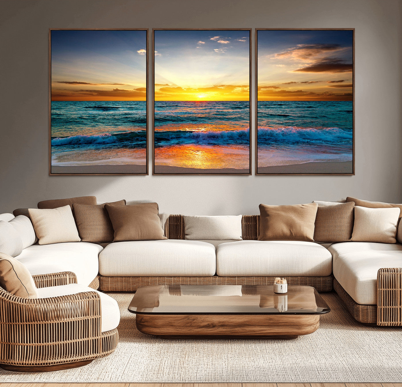 50627-MGV-CV-36X24-Ocean Sunset Wall Art – Serene Beach Canvas Print with Waves and Golden Sky, Coastal Decor for Living Room or Office