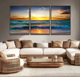 50627-MGV-CV-36X24-Ocean Sunset Wall Art – Serene Beach Canvas Print with Waves and Golden Sky, Coastal Decor for Living Room or Office