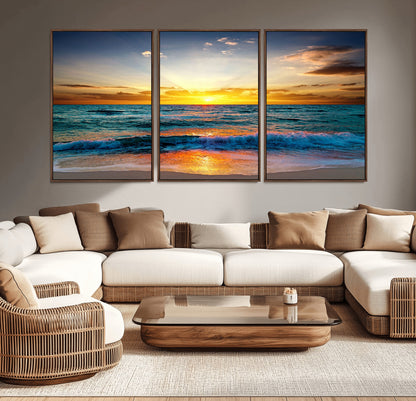 50627-MGV-CV-36X24-Ocean Sunset Wall Art – Serene Beach Canvas Print with Waves and Golden Sky, Coastal Decor for Living Room or Office