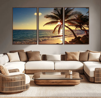 82710-MGV-CV-36X24-Palm Tree Sunset Beach Wall Art – Tropical Ocean Canvas Print, Coastal Paradise Seascape Decor for Living Room or Office Wall