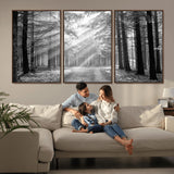 39665-MGV-CV-36X24-Black and White Forest Path Wall Art – Sunlight Rays in Trees Canvas Print, Nature Landscape Decor for Living Room or Office