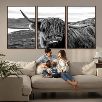 83810-MGV-CV-36X24-Highland Cow Wall Art – Black and White Highland Cattle Print, Rustic Farmhouse Animal Decor for Living Room or Office