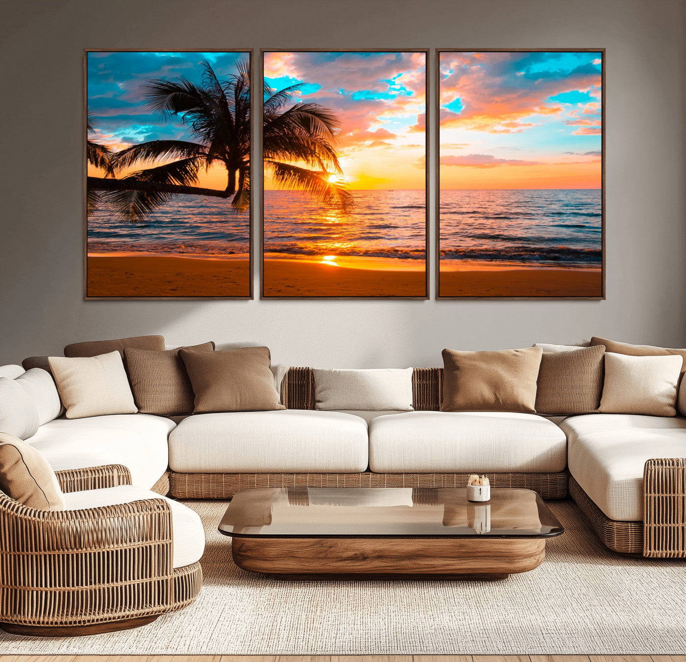 34674-MGV-CV-36X24-Tropical Sunset Beach Wall Art – Palm Tree Ocean Canvas Print, Coastal Seascape Decor for Living Room or Office Wall