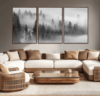 57235-MGV-CV-36X24-Misty Pine Forest Wall Art – Black and White Mountain Landscape Canvas Print, Nature Woodland Decor for Living Room, Bedroom or
