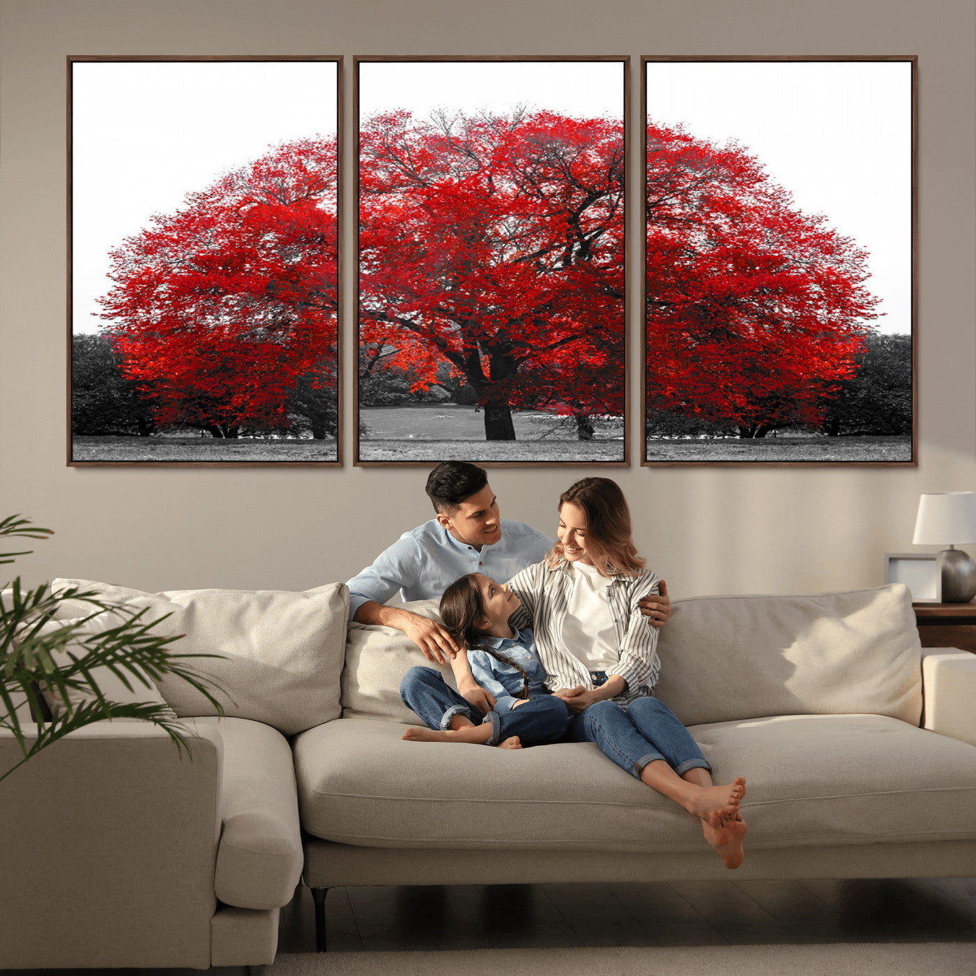 80021-MGV-CV-36X24-Red Tree Wall Art – Striking Black and White Landscape Canvas Print with Vibrant Red Leaves, Modern Nature Decor for Living Room