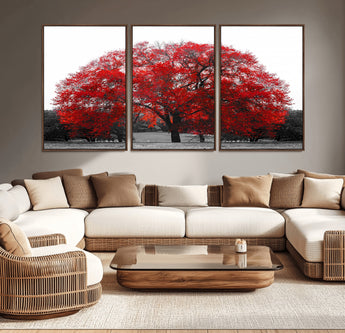 80021-MGV-CV-36X24-Red Tree Wall Art – Striking Black and White Landscape Canvas Print with Vibrant Red Leaves, Modern Nature Decor for Living Room
