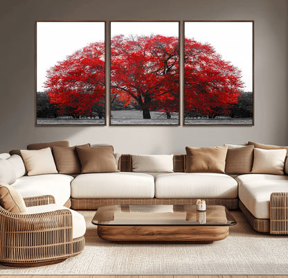 80021-MGV-CV-36X24-Red Tree Wall Art – Striking Black and White Landscape Canvas Print with Vibrant Red Leaves, Modern Nature Decor for Living Room